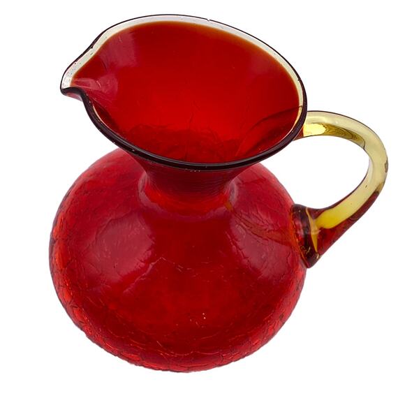 Vintage Rainbow Glass PITCHER Handblown Red Crackle Glass Yellow Handle VGC - Picture 3 of 12